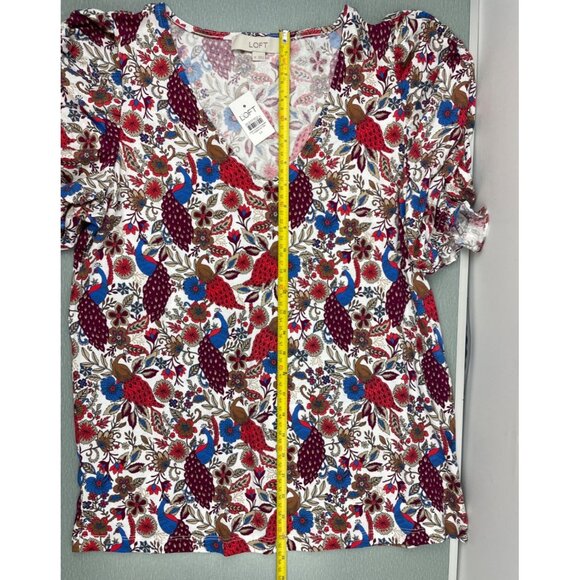 WOMEN LOFT Peacock Ruffle Cinched Sleeve V-Neck Top M - Picture 9 of 15